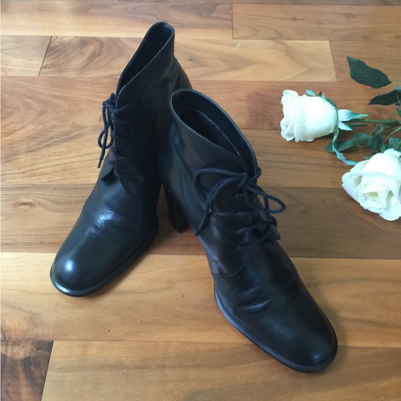 Shiny soft Black real Leather high ankle boots round toe tie-up laces Eu41 US 10 - Picture 12 of 14